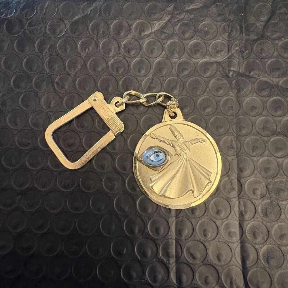 Gold-Toned Turkish Whirling Dervish w Blue Evil Eye (Nazar) Keychain Charm SOM